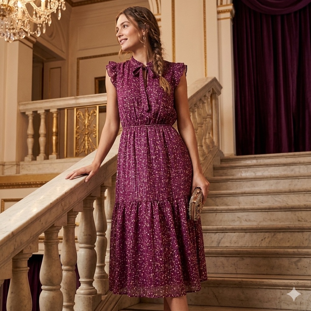 Banana Republic Ruffle Neck Floral Midi Dress Beetroot Purple Size 4 Chic